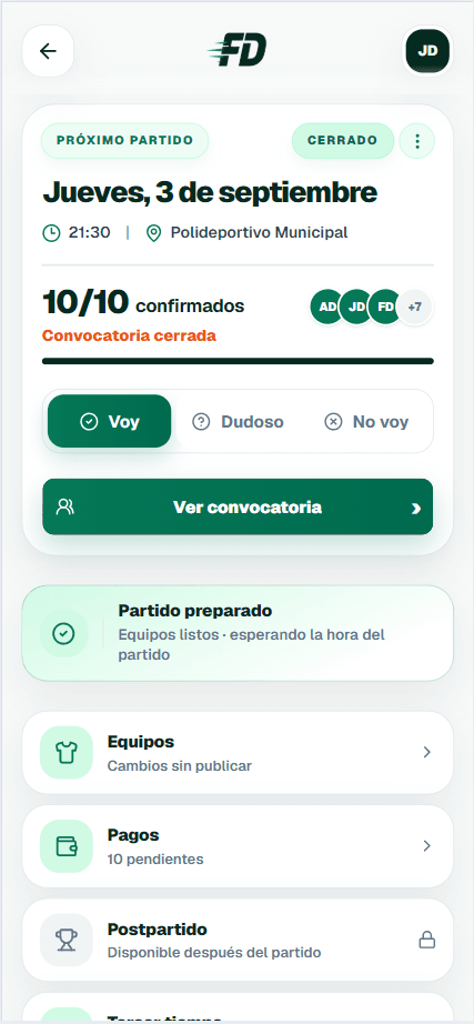 Partido preparado con fecha, ubicación y diez jugadores confirmados